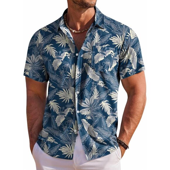 Men´s Blue White Hawaiian Shirt Short Sleeve Button Down Shirts Beach Shirt Men